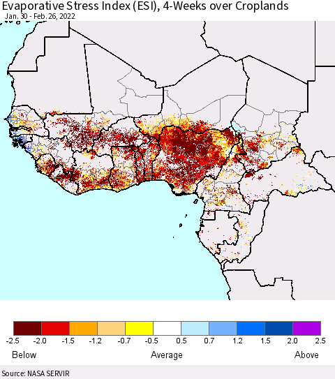 Western Africa Evaporative Stress Index (ESI), 4-Weeks over Croplands Thematic Map For 2/21/2022 - 2/27/2022