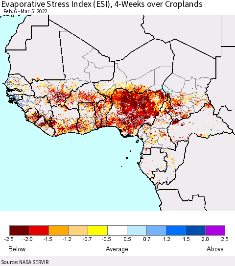 Western Africa Evaporative Stress Index (ESI), 4-Weeks over Croplands Thematic Map For 2/28/2022 - 3/6/2022