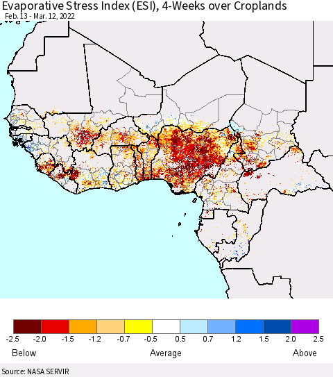 Western Africa Evaporative Stress Index (ESI), 4-Weeks over Croplands Thematic Map For 3/7/2022 - 3/13/2022