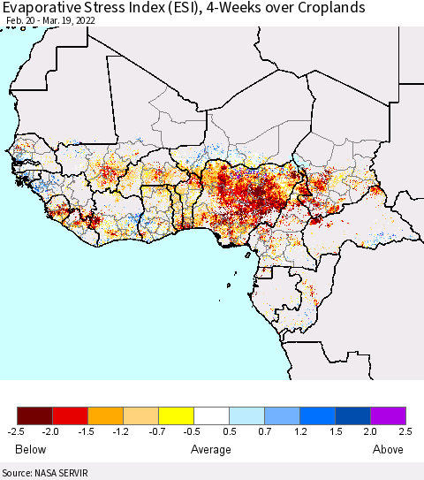 Western Africa Evaporative Stress Index (ESI), 4-Weeks over Croplands Thematic Map For 3/14/2022 - 3/20/2022