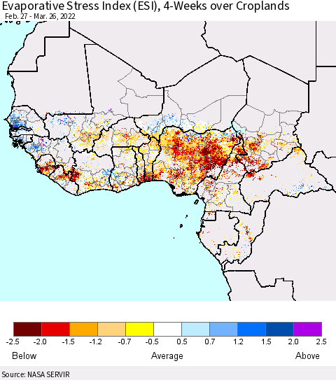 Western Africa Evaporative Stress Index (ESI), 4-Weeks over Croplands Thematic Map For 3/21/2022 - 3/27/2022