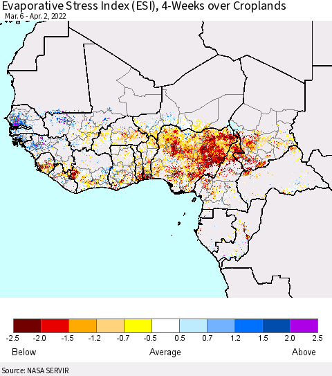 Western Africa Evaporative Stress Index (ESI), 4-Weeks over Croplands Thematic Map For 3/28/2022 - 4/3/2022