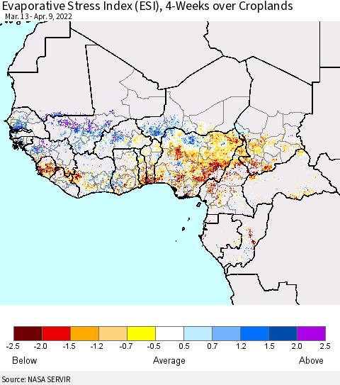 Western Africa Evaporative Stress Index (ESI), 4-Weeks over Croplands Thematic Map For 4/4/2022 - 4/10/2022