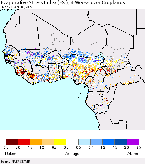 Western Africa Evaporative Stress Index (ESI), 4-Weeks over Croplands Thematic Map For 4/11/2022 - 4/17/2022