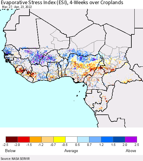 Western Africa Evaporative Stress Index (ESI), 4-Weeks over Croplands Thematic Map For 4/18/2022 - 4/24/2022