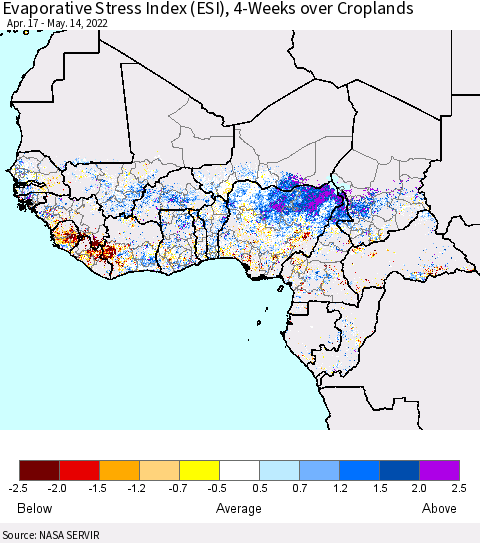 Western Africa Evaporative Stress Index (ESI), 4-Weeks over Croplands Thematic Map For 5/9/2022 - 5/15/2022