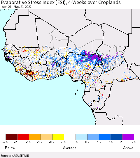 Western Africa Evaporative Stress Index (ESI), 4-Weeks over Croplands Thematic Map For 5/16/2022 - 5/22/2022