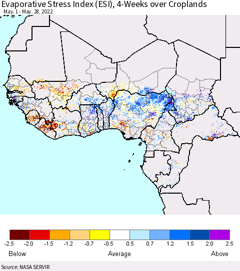 Western Africa Evaporative Stress Index (ESI), 4-Weeks over Croplands Thematic Map For 5/23/2022 - 5/29/2022