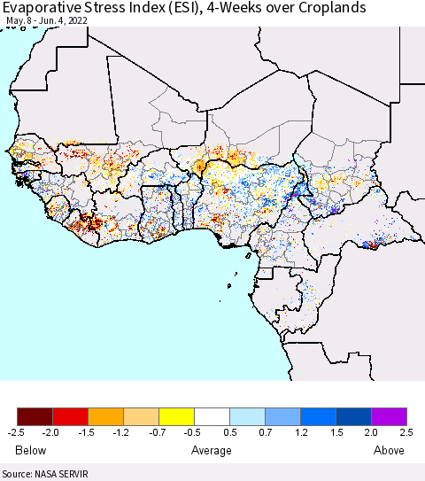 Western Africa Evaporative Stress Index (ESI), 4-Weeks over Croplands Thematic Map For 5/30/2022 - 6/5/2022