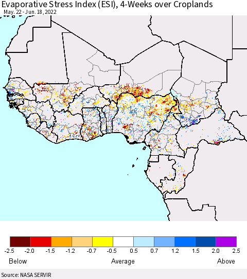 Western Africa Evaporative Stress Index (ESI), 4-Weeks over Croplands Thematic Map For 6/13/2022 - 6/19/2022