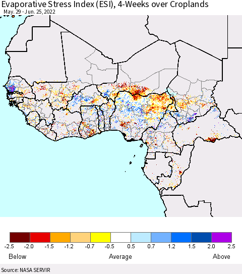 Western Africa Evaporative Stress Index (ESI), 4-Weeks over Croplands Thematic Map For 6/20/2022 - 6/26/2022