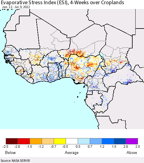 Western Africa Evaporative Stress Index (ESI), 4-Weeks over Croplands Thematic Map For 7/4/2022 - 7/10/2022