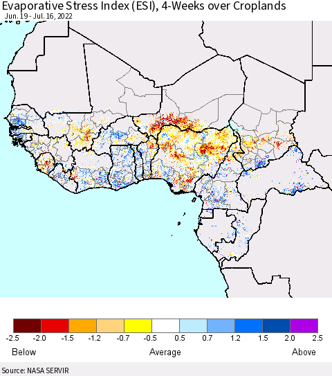 Western Africa Evaporative Stress Index (ESI), 4-Weeks over Croplands Thematic Map For 7/11/2022 - 7/17/2022