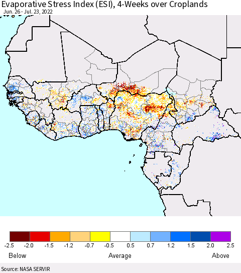 Western Africa Evaporative Stress Index (ESI), 4-Weeks over Croplands Thematic Map For 7/18/2022 - 7/24/2022