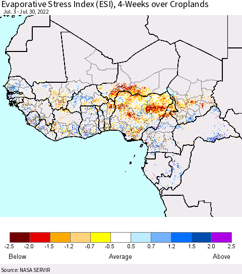 Western Africa Evaporative Stress Index (ESI), 4-Weeks over Croplands Thematic Map For 7/25/2022 - 7/31/2022