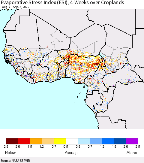 Western Africa Evaporative Stress Index (ESI), 4-Weeks over Croplands Thematic Map For 8/29/2022 - 9/4/2022