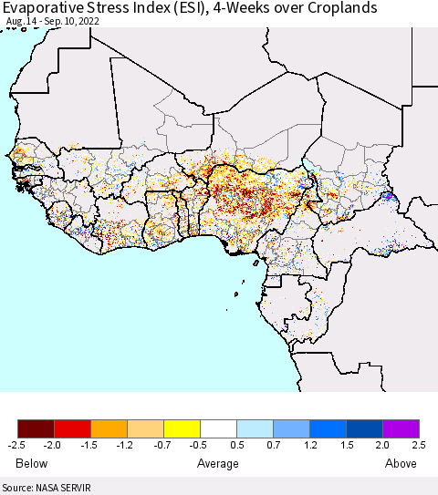 Western Africa Evaporative Stress Index (ESI), 4-Weeks over Croplands Thematic Map For 9/5/2022 - 9/11/2022