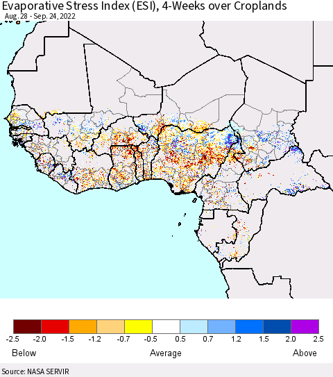 Western Africa Evaporative Stress Index (ESI), 4-Weeks over Croplands Thematic Map For 9/19/2022 - 9/25/2022