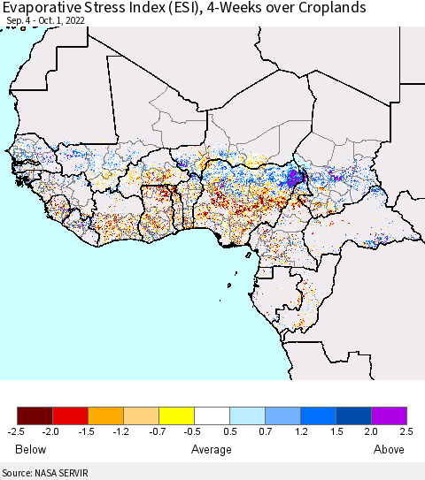 Western Africa Evaporative Stress Index (ESI), 4-Weeks over Croplands Thematic Map For 9/26/2022 - 10/2/2022