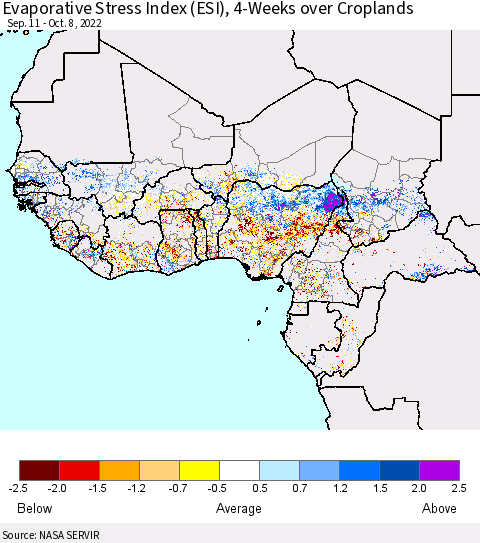 Western Africa Evaporative Stress Index (ESI), 4-Weeks over Croplands Thematic Map For 10/3/2022 - 10/9/2022