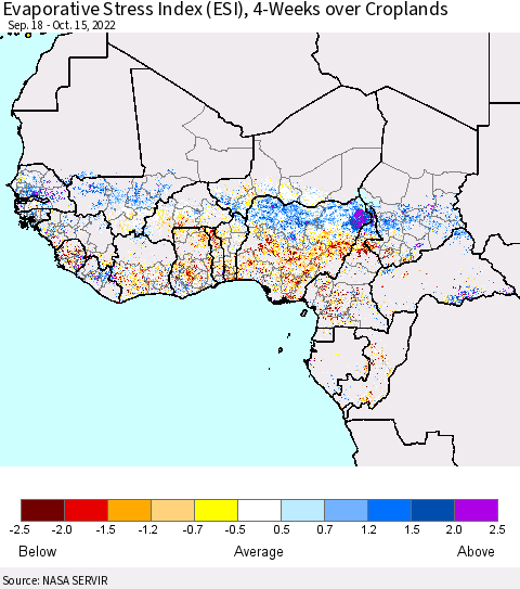 Western Africa Evaporative Stress Index (ESI), 4-Weeks over Croplands Thematic Map For 10/10/2022 - 10/16/2022