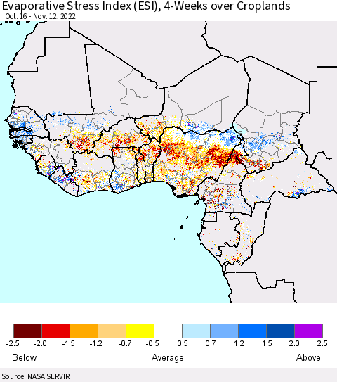 Western Africa Evaporative Stress Index (ESI), 4-Weeks over Croplands Thematic Map For 11/7/2022 - 11/13/2022