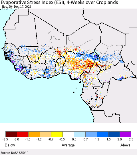 Western Africa Evaporative Stress Index (ESI), 4-Weeks over Croplands Thematic Map For 12/12/2022 - 12/18/2022