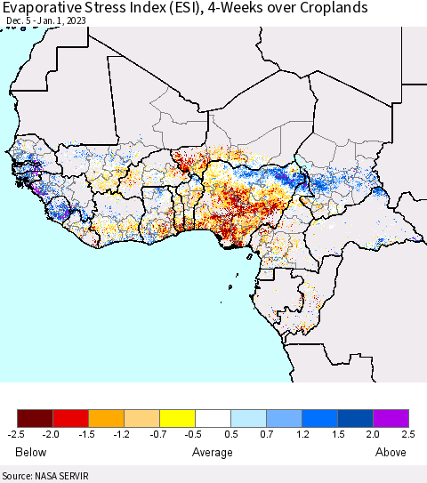Western Africa Evaporative Stress Index (ESI), 4-Weeks over Croplands Thematic Map For 12/26/2022 - 1/1/2023