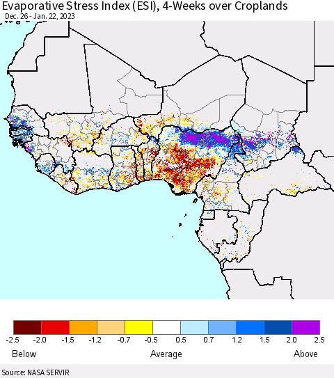 Western Africa Evaporative Stress Index (ESI), 4-Weeks over Croplands Thematic Map For 1/16/2023 - 1/22/2023
