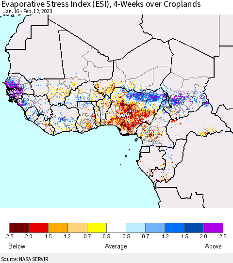 Western Africa Evaporative Stress Index (ESI), 4-Weeks over Croplands Thematic Map For 2/6/2023 - 2/12/2023