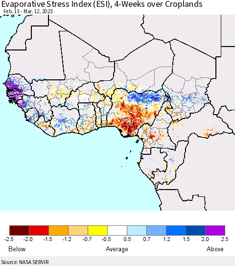 Western Africa Evaporative Stress Index (ESI), 4-Weeks over Croplands Thematic Map For 3/6/2023 - 3/12/2023
