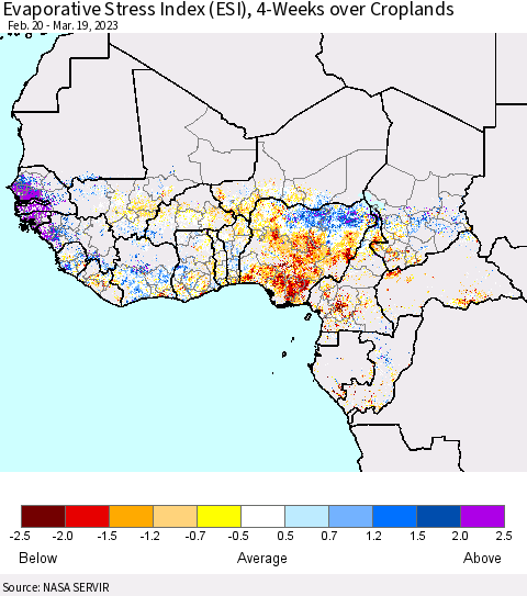 Western Africa Evaporative Stress Index (ESI), 4-Weeks over Croplands Thematic Map For 3/13/2023 - 3/19/2023