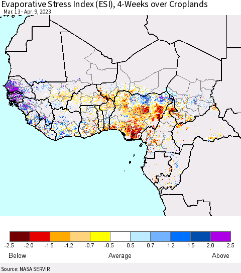 Western Africa Evaporative Stress Index (ESI), 4-Weeks over Croplands Thematic Map For 4/3/2023 - 4/9/2023