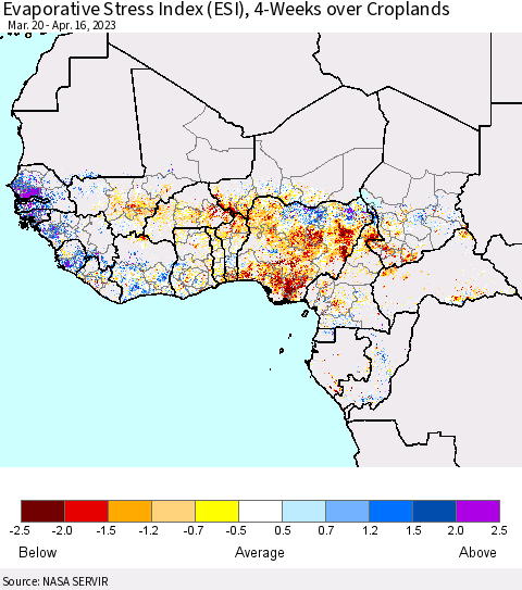 Western Africa Evaporative Stress Index (ESI), 4-Weeks over Croplands Thematic Map For 4/10/2023 - 4/16/2023