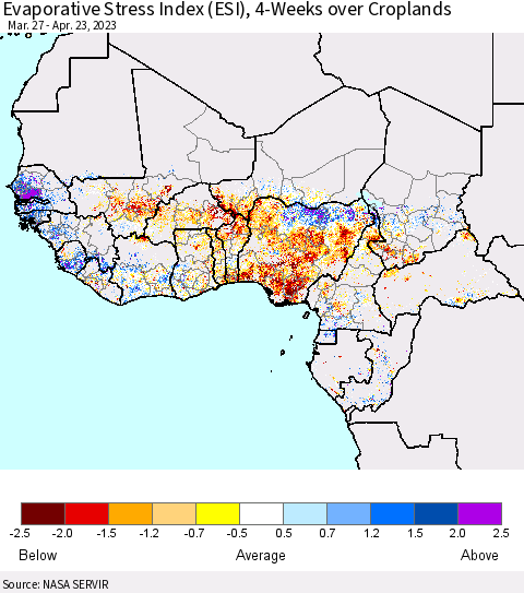Western Africa Evaporative Stress Index (ESI), 4-Weeks over Croplands Thematic Map For 4/17/2023 - 4/23/2023