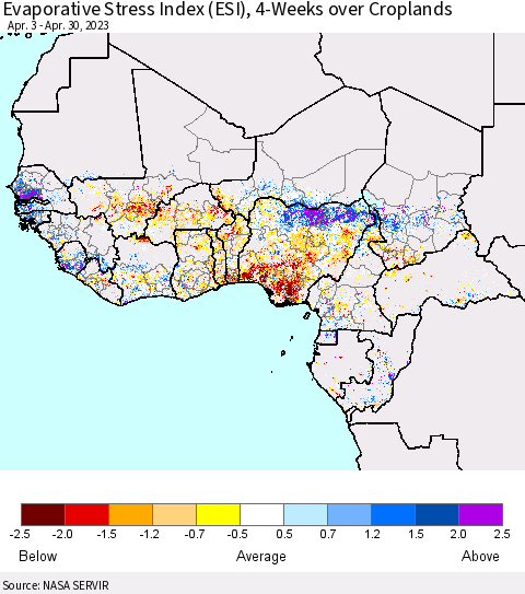 Western Africa Evaporative Stress Index (ESI), 4-Weeks over Croplands Thematic Map For 4/24/2023 - 4/30/2023
