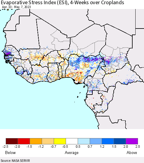Western Africa Evaporative Stress Index (ESI), 4-Weeks over Croplands Thematic Map For 5/1/2023 - 5/7/2023