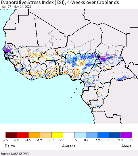 Western Africa Evaporative Stress Index (ESI), 4-Weeks over Croplands Thematic Map For 5/8/2023 - 5/14/2023