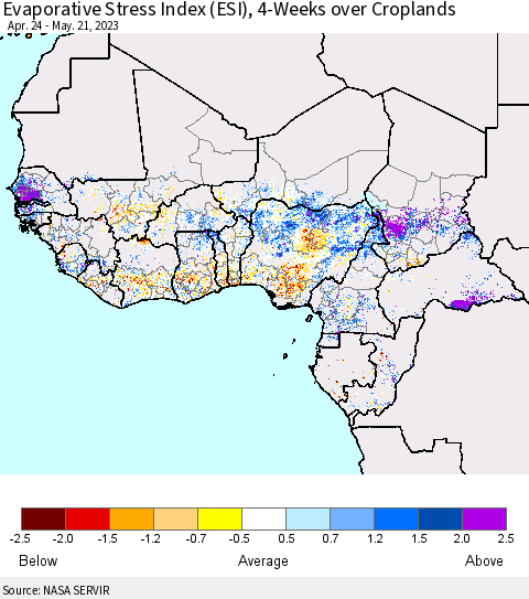 Western Africa Evaporative Stress Index (ESI), 4-Weeks over Croplands Thematic Map For 5/15/2023 - 5/21/2023