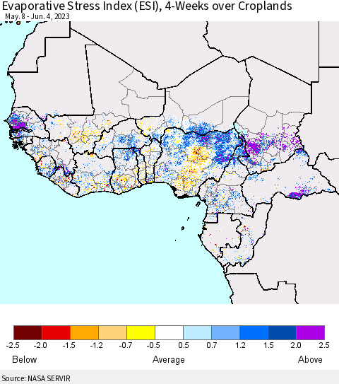 Western Africa Evaporative Stress Index (ESI), 4-Weeks over Croplands Thematic Map For 5/29/2023 - 6/4/2023