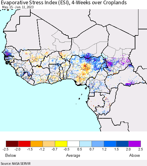 Western Africa Evaporative Stress Index (ESI), 4-Weeks over Croplands Thematic Map For 6/5/2023 - 6/11/2023