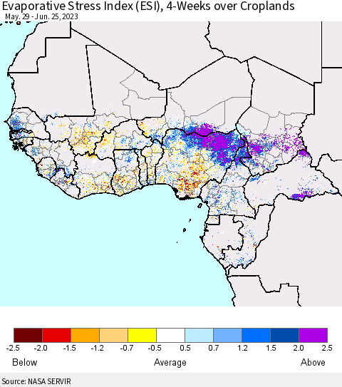 Western Africa Evaporative Stress Index (ESI), 4-Weeks over Croplands Thematic Map For 6/19/2023 - 6/25/2023