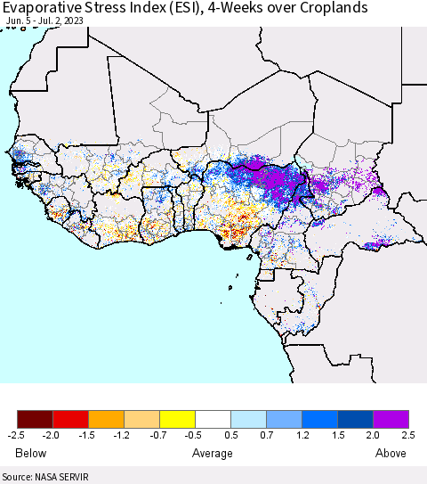 Western Africa Evaporative Stress Index (ESI), 4-Weeks over Croplands Thematic Map For 6/26/2023 - 7/2/2023