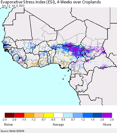 Western Africa Evaporative Stress Index (ESI), 4-Weeks over Croplands Thematic Map For 7/3/2023 - 7/9/2023
