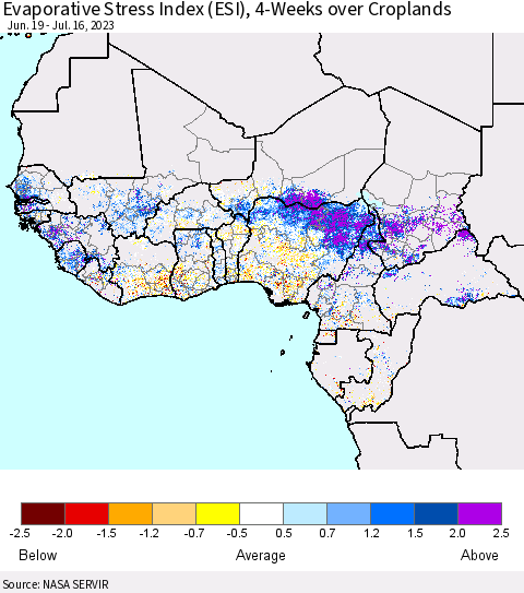 Western Africa Evaporative Stress Index (ESI), 4-Weeks over Croplands Thematic Map For 7/10/2023 - 7/16/2023
