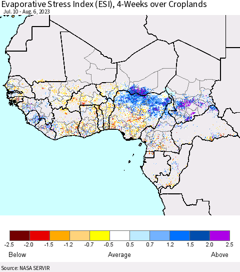 Western Africa Evaporative Stress Index (ESI), 4-Weeks over Croplands Thematic Map For 7/31/2023 - 8/6/2023