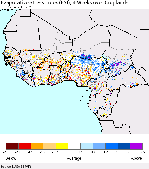Western Africa Evaporative Stress Index (ESI), 4-Weeks over Croplands Thematic Map For 8/7/2023 - 8/13/2023