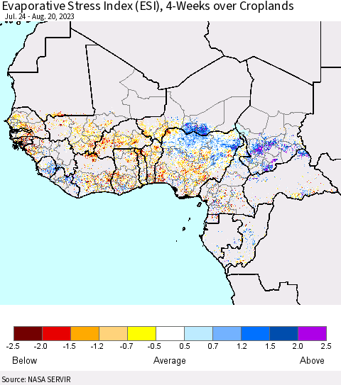 Western Africa Evaporative Stress Index (ESI), 4-Weeks over Croplands Thematic Map For 8/14/2023 - 8/20/2023