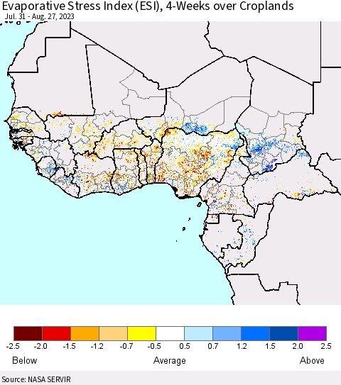 Western Africa Evaporative Stress Index (ESI), 4-Weeks over Croplands Thematic Map For 8/21/2023 - 8/27/2023