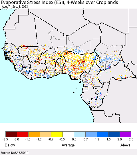 Western Africa Evaporative Stress Index (ESI), 4-Weeks over Croplands Thematic Map For 8/28/2023 - 9/3/2023
